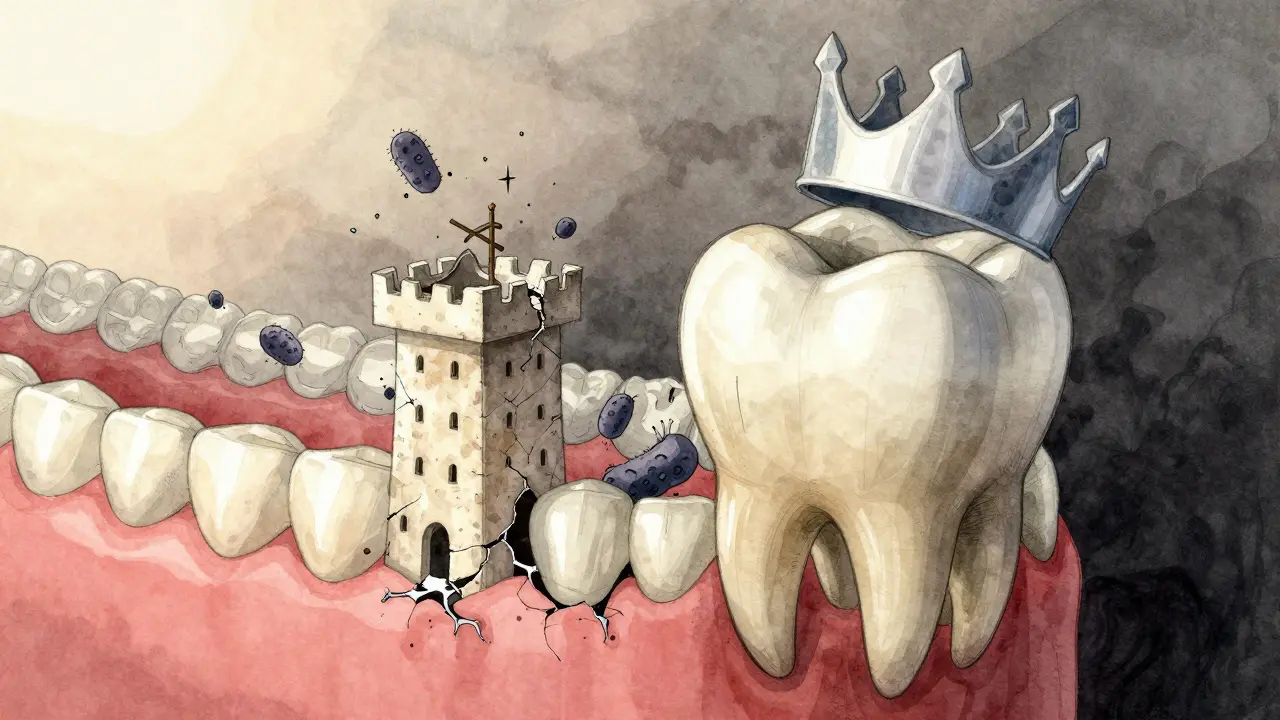 Symbolický obraz zubu jako hradu pod útokem bakterií, chráněného korunkou.