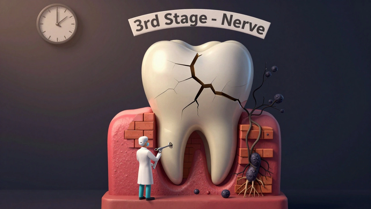 Symbolický obraz zubu jako zřícené budovy s bakteriálními kořeny a lékařem u drillu.