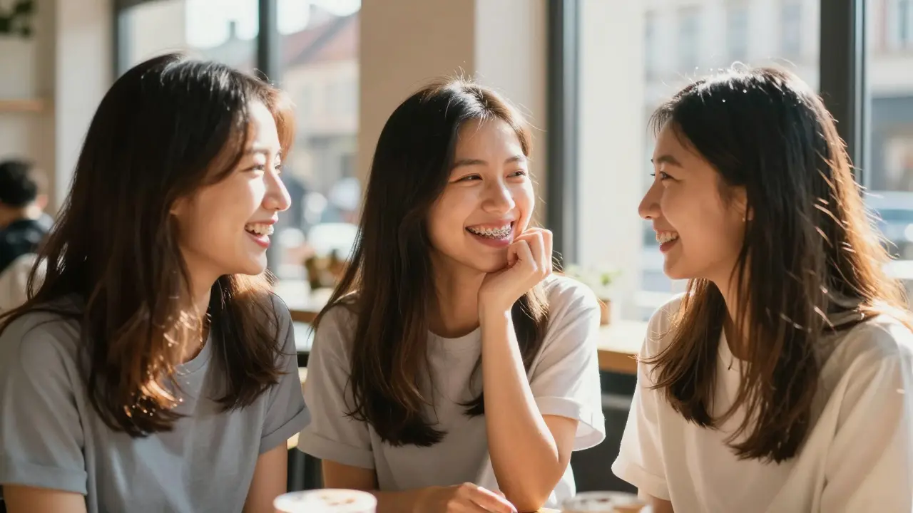Tři mladé ženy se smějí v kavárně, jedna z nich ukazuje svůj nový úsměv po odstranění rovnátek.