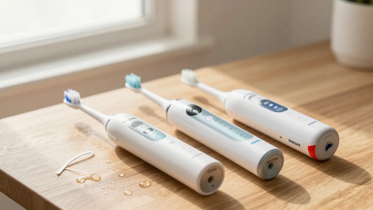 Tři nejlepší ultrazvukové čističe zubů z roku 2025 uspořádané na dřevěném povrchu s vodními kapkami.