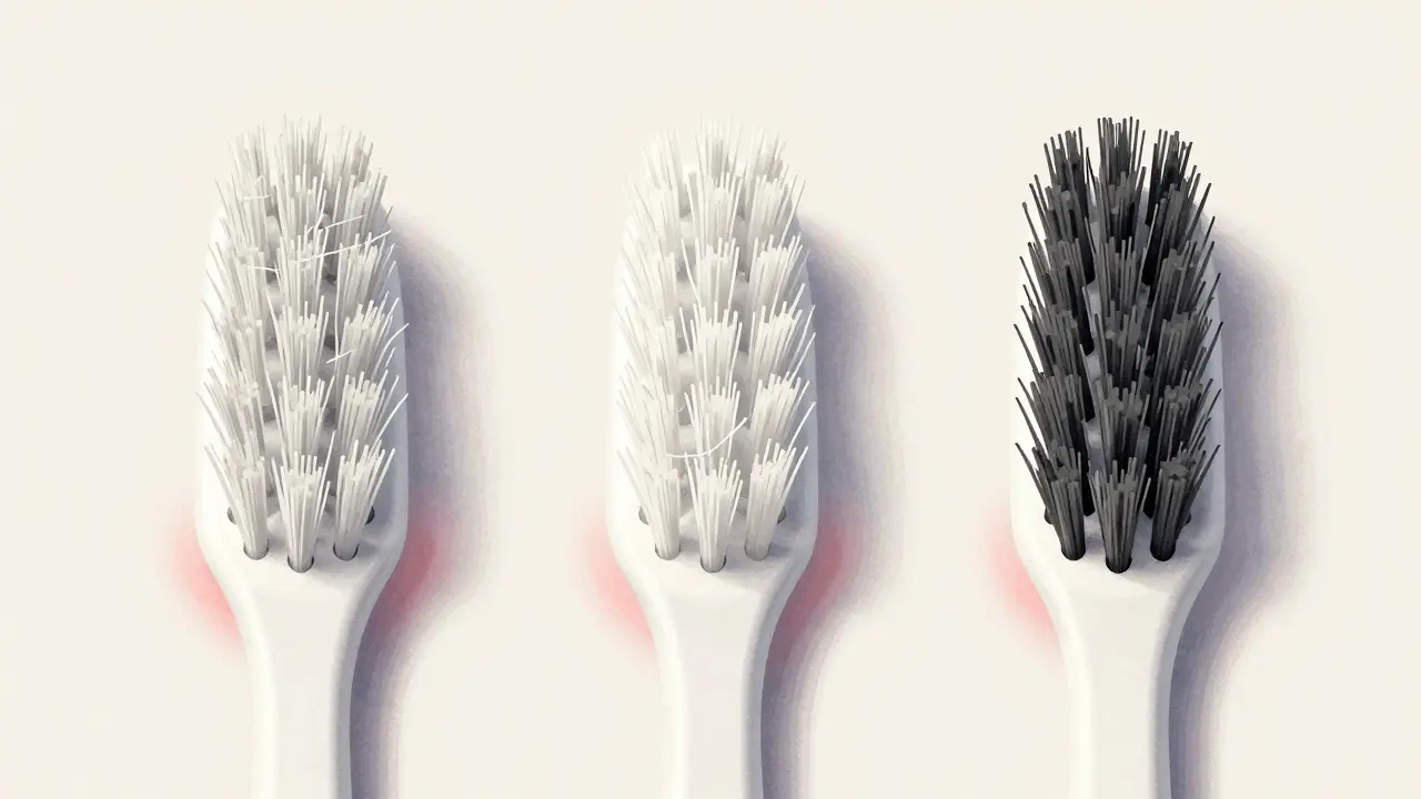Tři typy mezizubních kartáčků s různou tvrdostí štětin: měkká, střední a tvrdá.