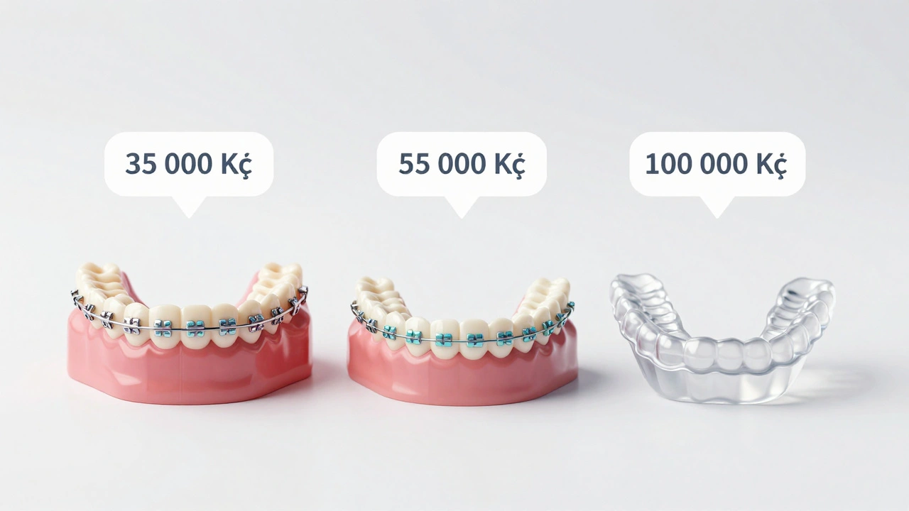 Tři typy rovnátek: kovová, keramická a Invisalign s cenami v korunách.