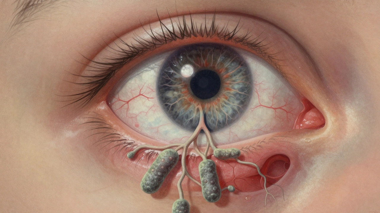 Umělecká ilustrace oka s zapalovacími cévami spojenými s bakteriemi z ústní dutiny.