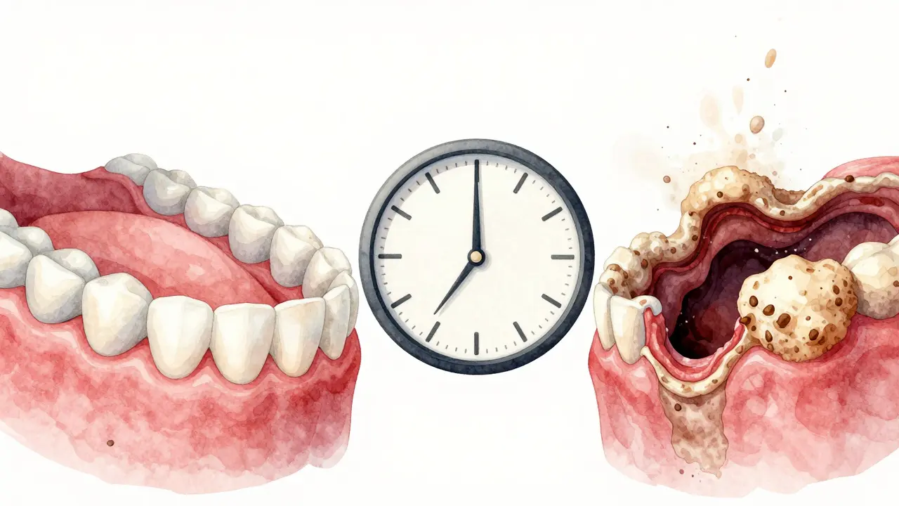 Zdravé a poškozené zuby vedle sebe, symbolizující postupné poškození.
