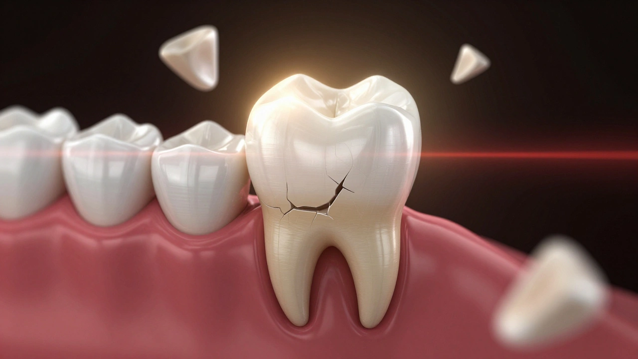 Zdravý zub s dokonale sloučenou keramickou onlay, okolo něj se rozptylují kousky skloviny.