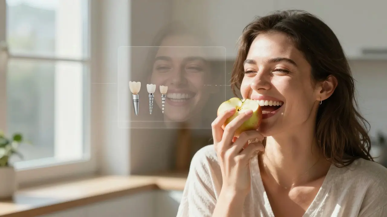 Žena se směje, když kousá jablko, s představou přechodu od protézy k implantátům.