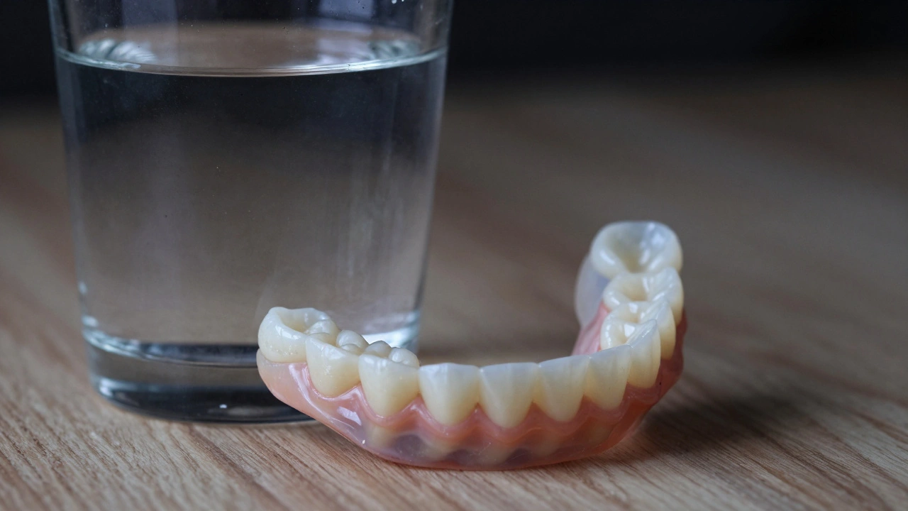 Známá nalepovací protéza v sklenici vody vedle trvalého zubního implantátu.