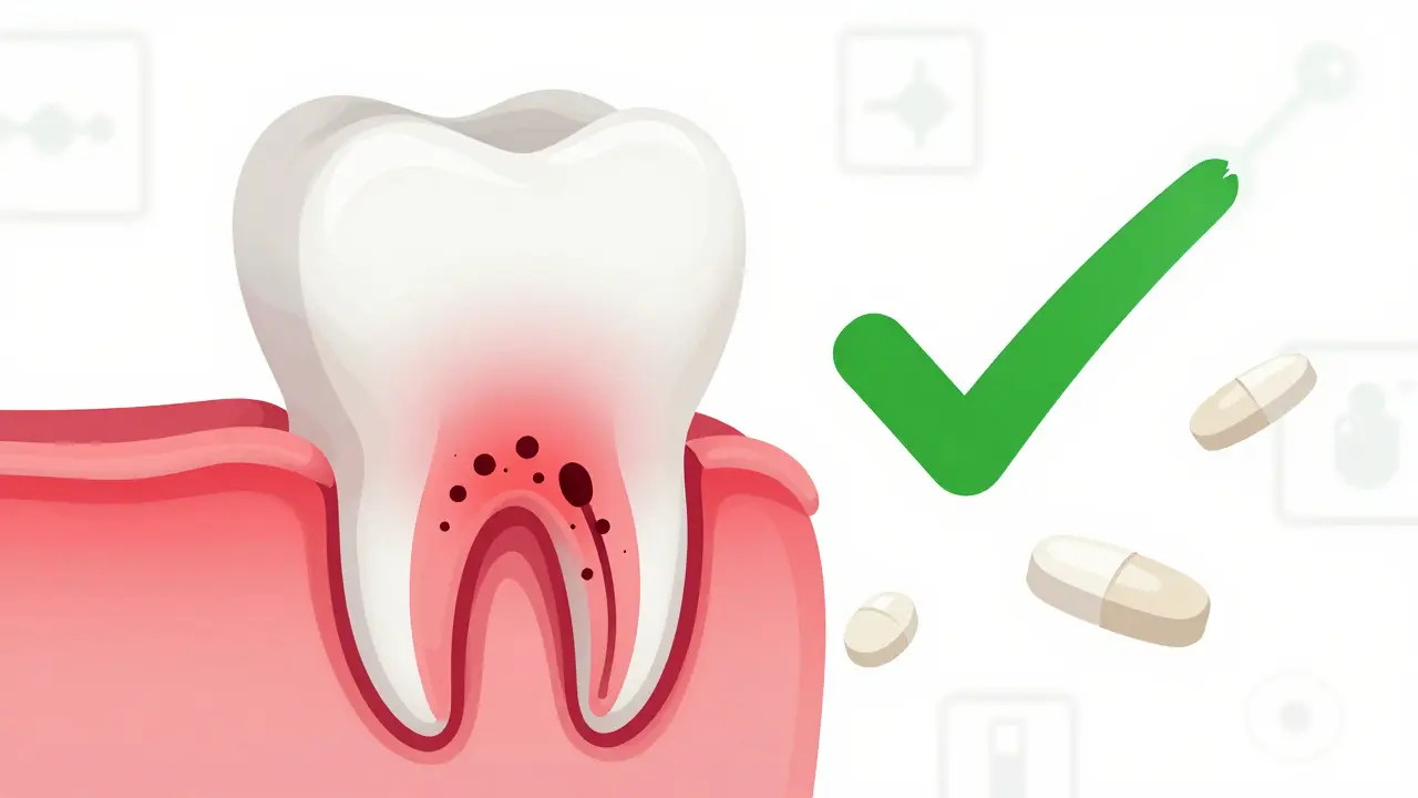 Zub s vnitřním zánětem a léky, které pomáhají.