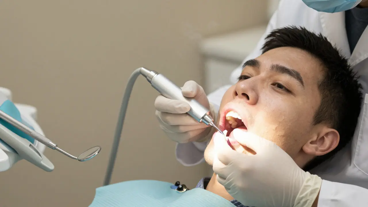 Zubař odstraňuje zubní kámen ultrazvukovým nástrojem.