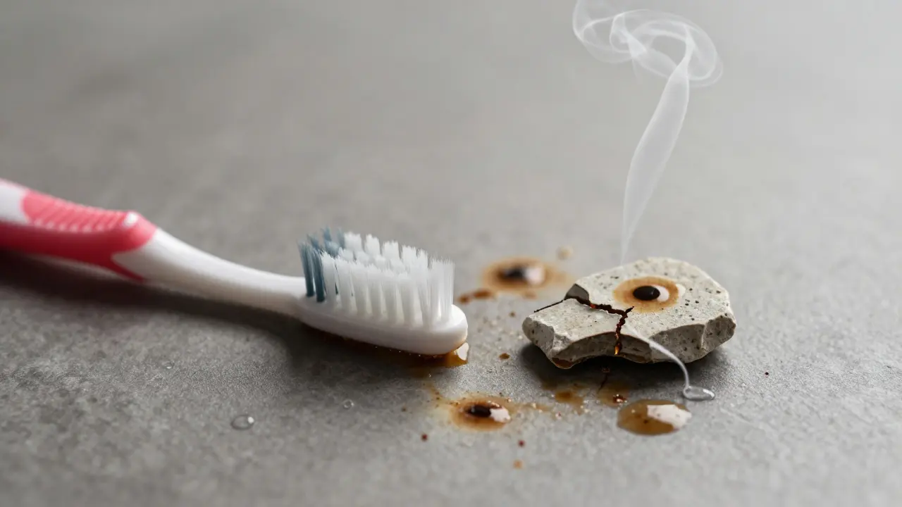 Zubní kartáček a nit vedle kousku zubního kamene, symbolická scéna.