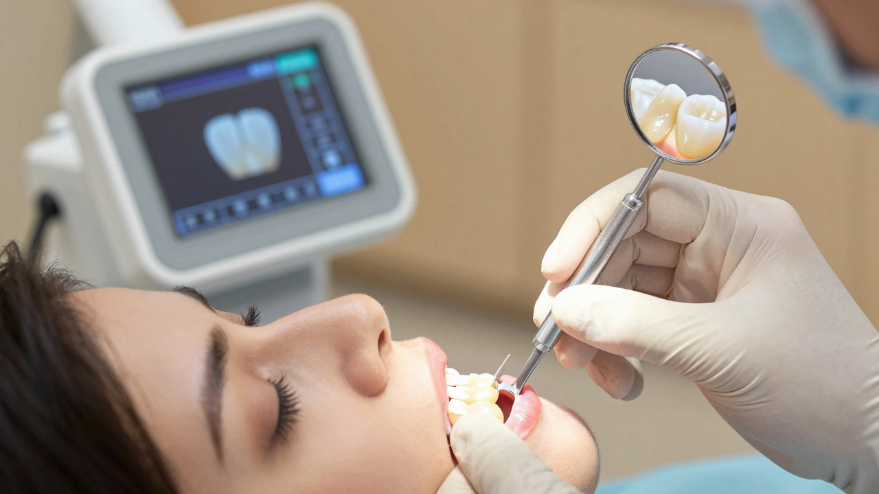 Zubní lékař přilepuje keramickou onlay na zub v klinice s digitálním skenerem.