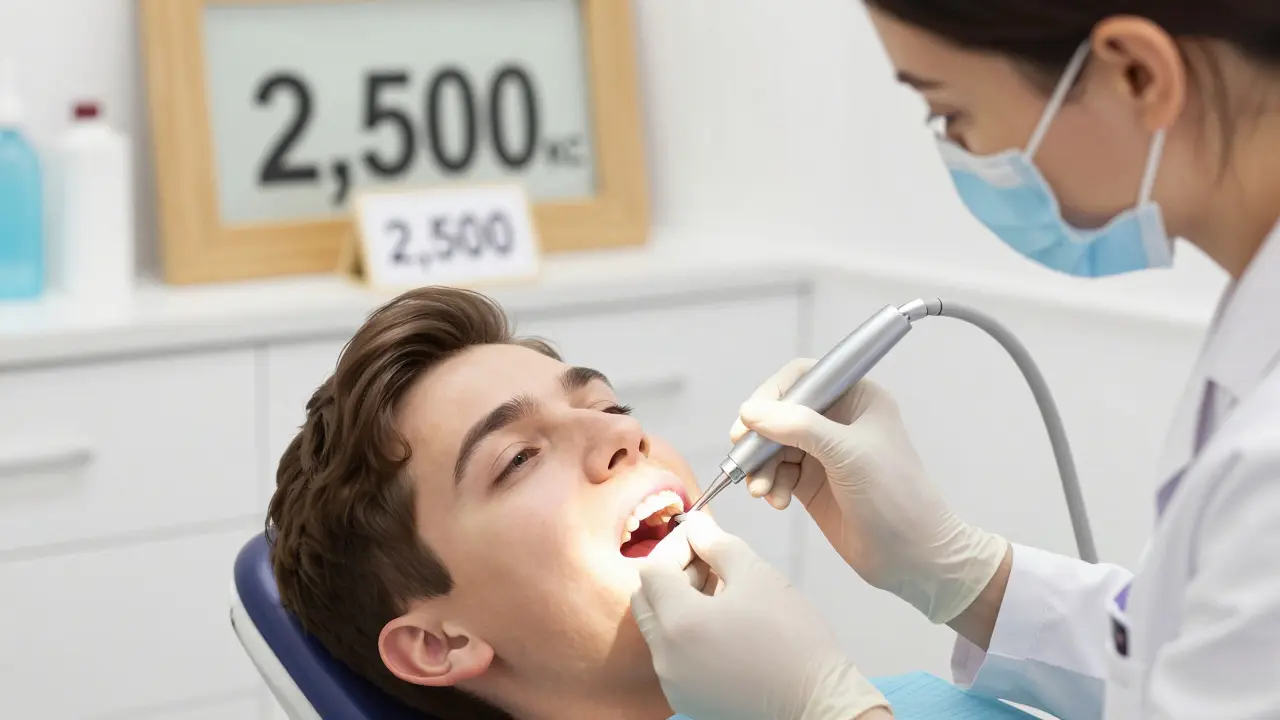 Zubní lékař provádí kompozitní výplň na předním zubu.