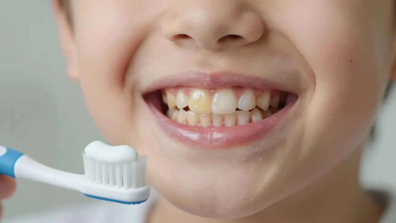 Blízký pohled na mléčné zuby s viditelným žlutým zubním kamenem na jedné straně a čistými zuby na druhé.