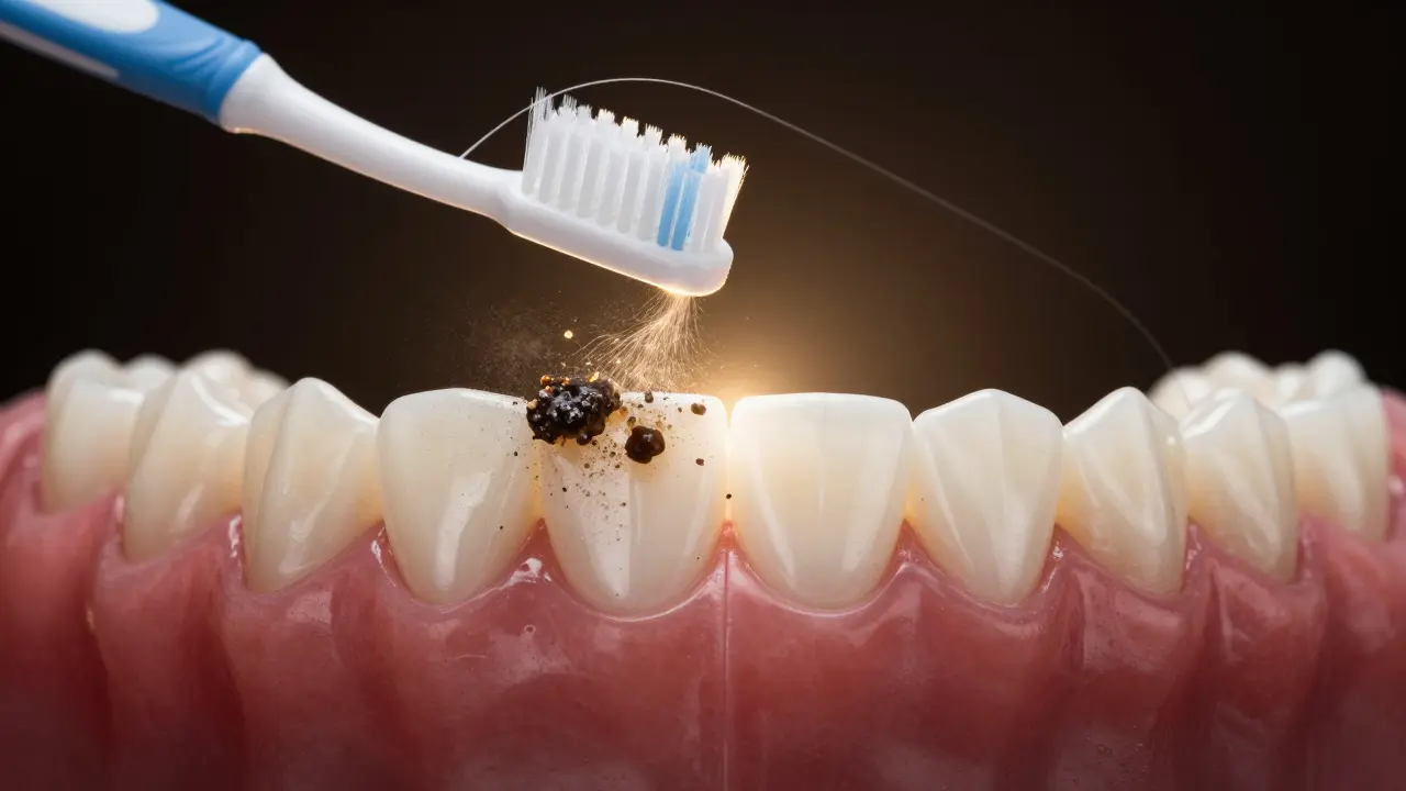 Čisté zuby s rozpadajícím se zubním plakem a kamenem v temném prostředí.