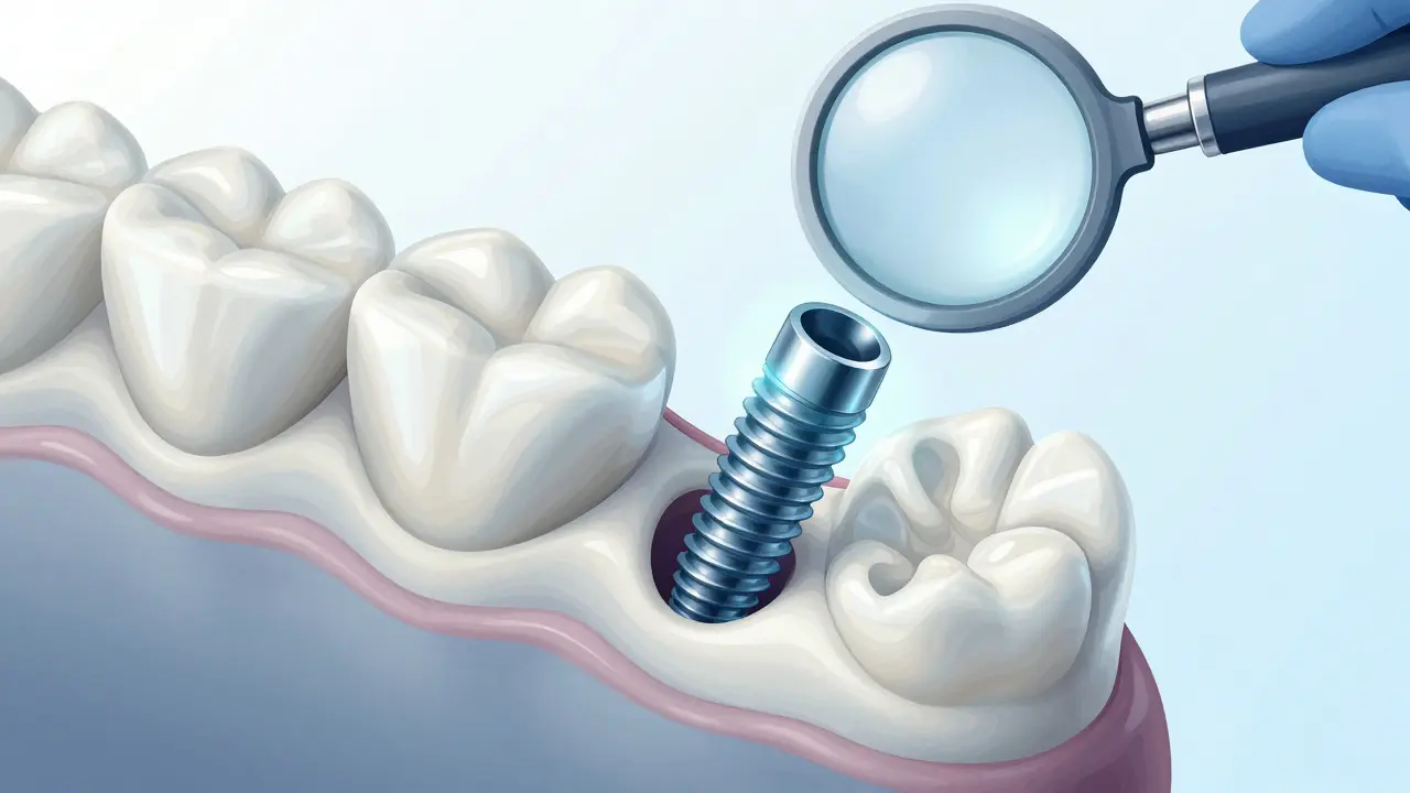 Close-up of a titanium dental implant integrating with jawbone tissue.