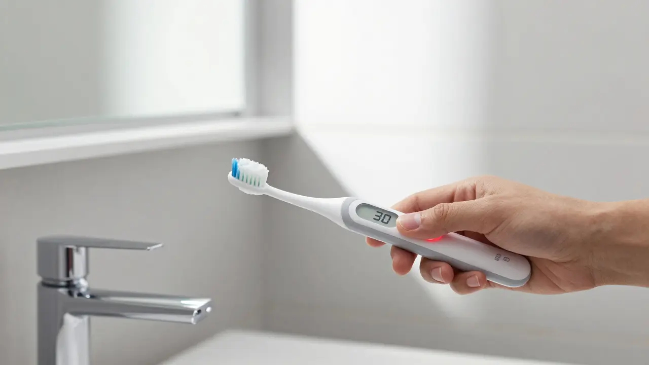 Člověk používá Curaprox kartáček s tlakovým senzorem a časovačem v koupelně.