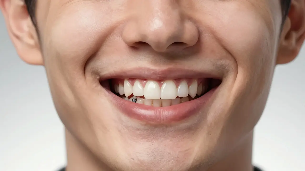 Contrasting sides of a face: one with tooth loss and sunken cheeks, the other with a full, healthy smile.