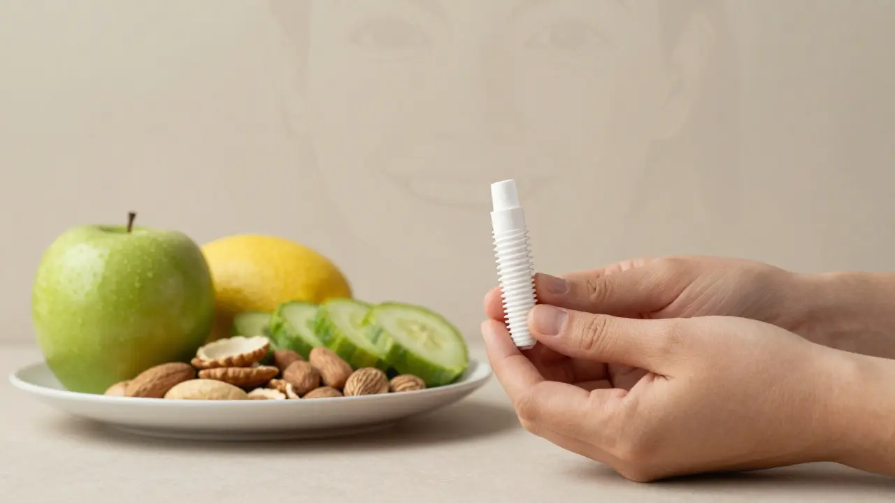 Dental implant beside fresh food, symbolizing restored ability to eat and live fully.