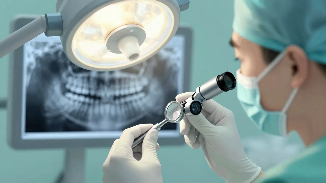 Dentista prohlíží zub s mikrotrhlinami pomocí zvětšovacího zařízení.