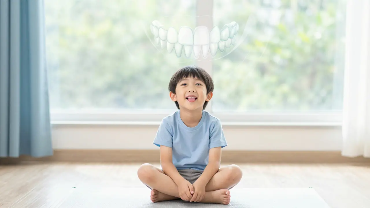 Dítě medituje s přirozenou pozicí jazyka, symbolizující zdravý vývoj čelisti.