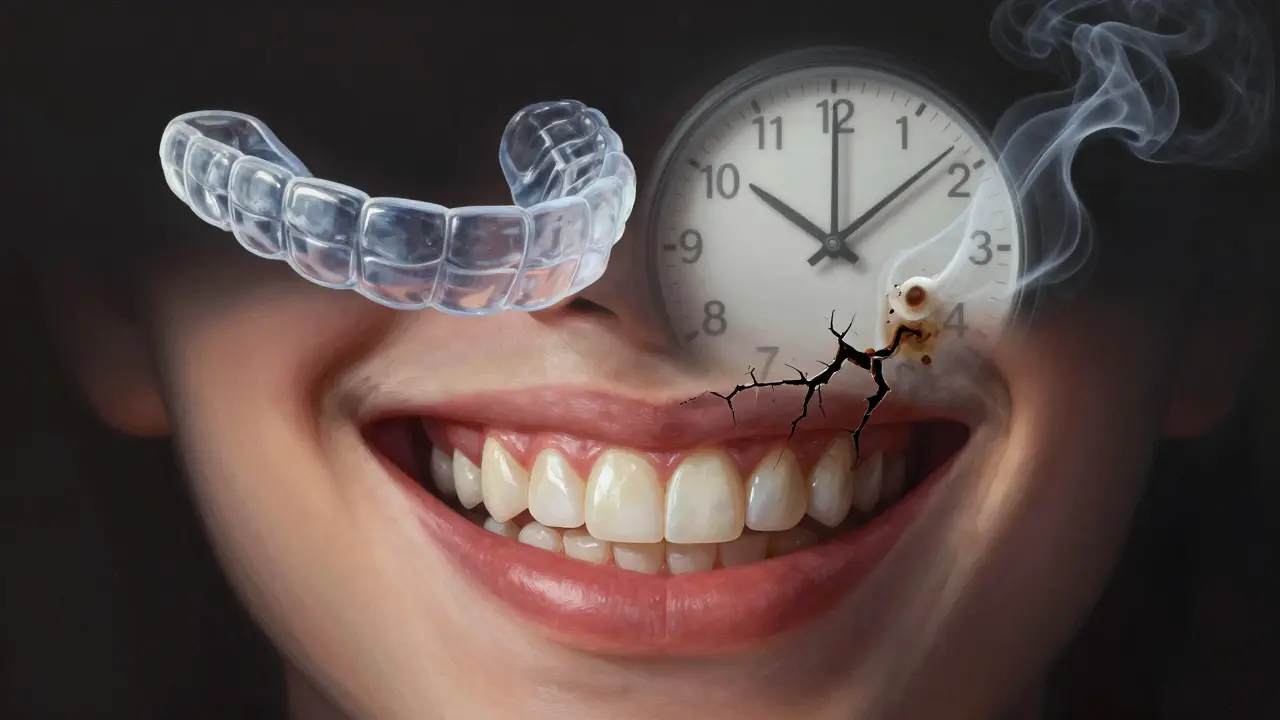 Dvě části úsměvu: jedna čistá a chráněná, druhá poškozená a zčernělá.