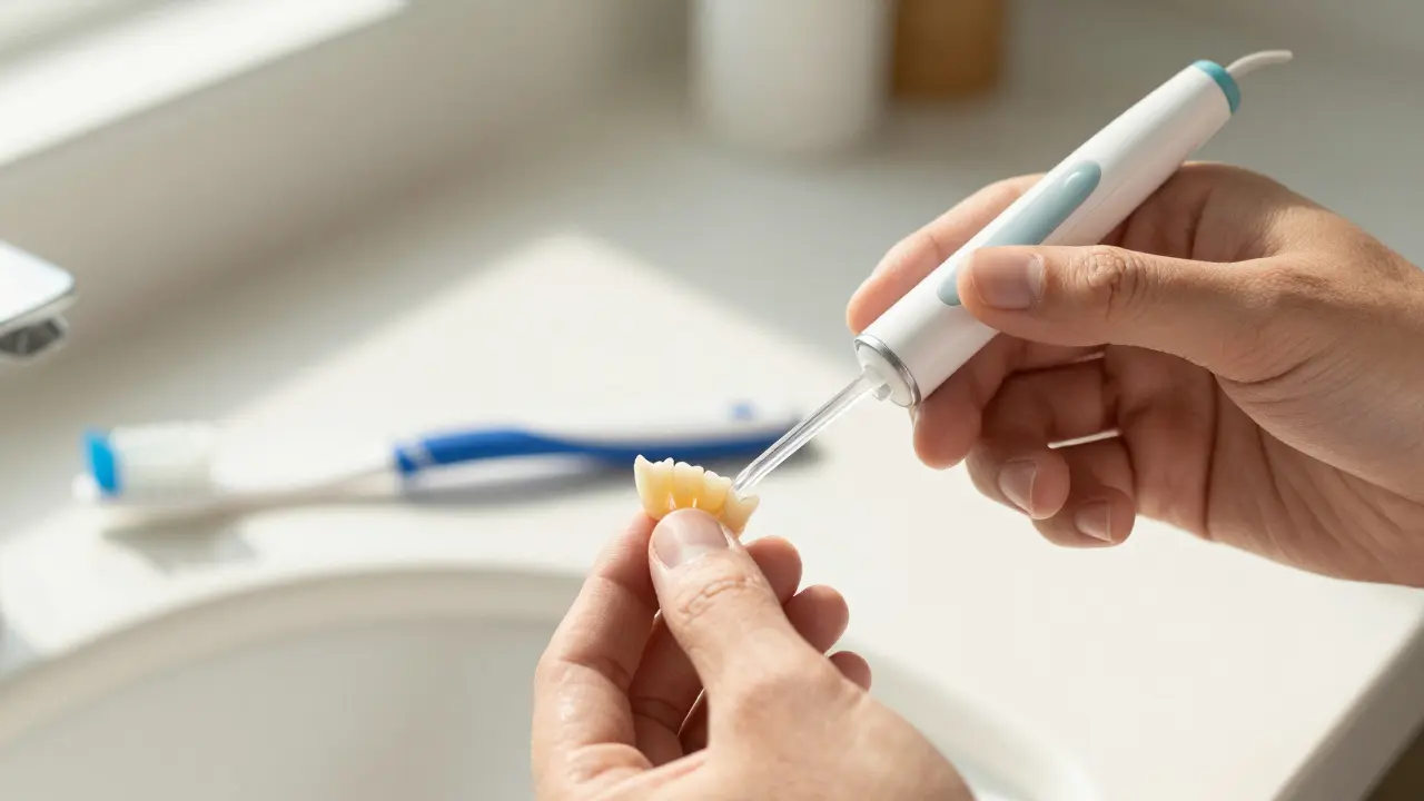 Hand using a water flosser to clean under a dental bridge.