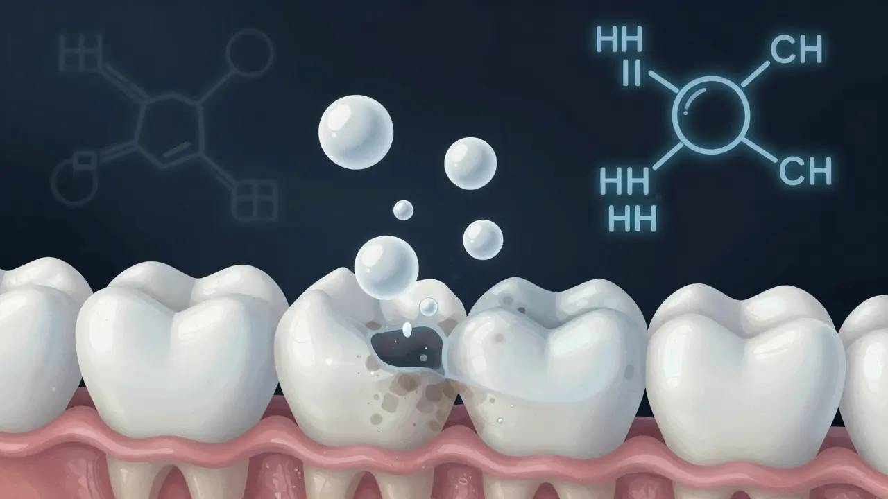 Ilustrace chemické reakce peroxidu vodíku, který rozkládá barvivé molekuly v zubní sklovině.