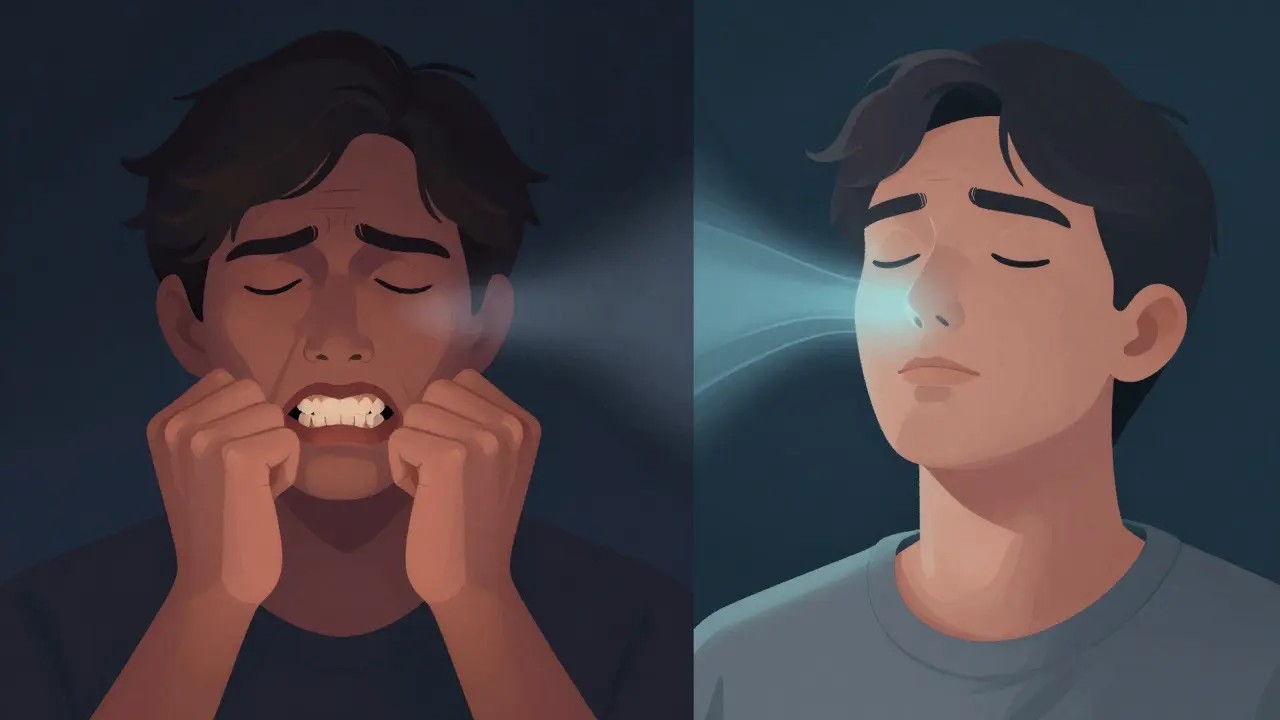 Kontrast mezi stresovaným zatínáním zubů a uvolněným dýcháním skrz nos.