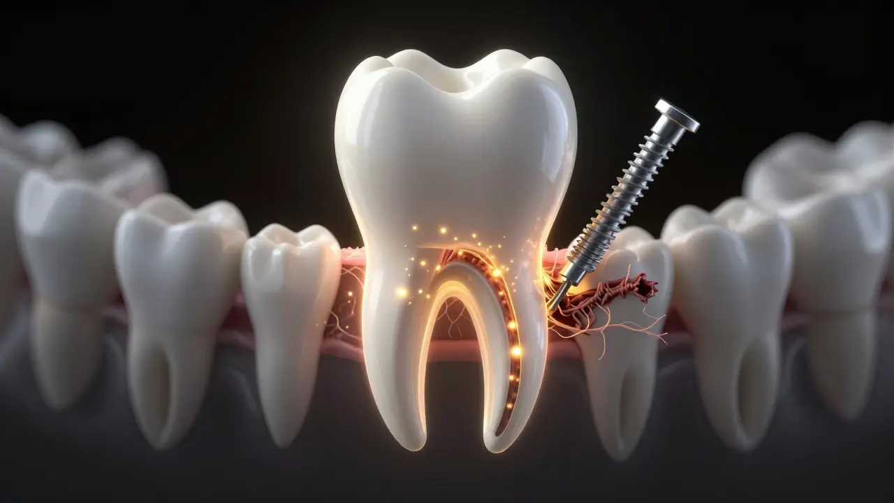 Kost čelisti se obnovuje kolem zubního implantátu s přirozeným světlem hojení.