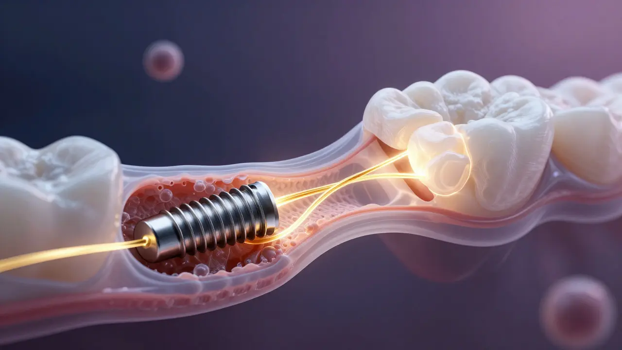 Křížový řez čelisti s titanovým implantátem, jak se spojuje s kostí v průběhu hojení.