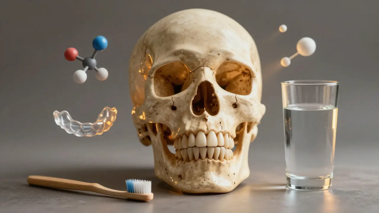 Lidská lebka s prasklým zubem a symboly ochrany jako fluorid a zubní štít.