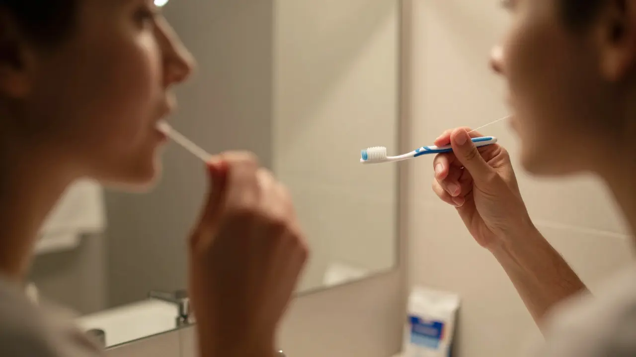 Osoba čistí mezizubní prostory zubní nití večer v koupelně