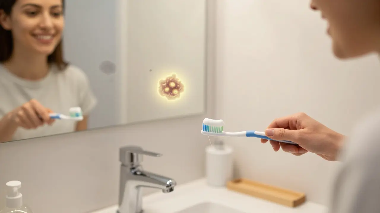 Osoba čistí zuby v koupelně s viditelnou zubní pastou a nití na stole.