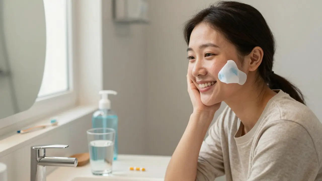 Pacient se usmívá do zrcadla tři dny po operaci s mírným otokem a ledovým obkladem.