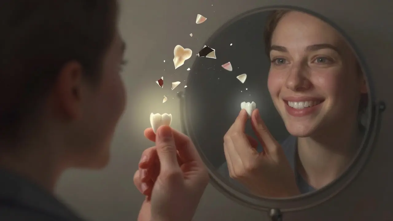 Pacientka drží fazetu a dívá se do zrcadla, kde vidí svůj nový úsměv.