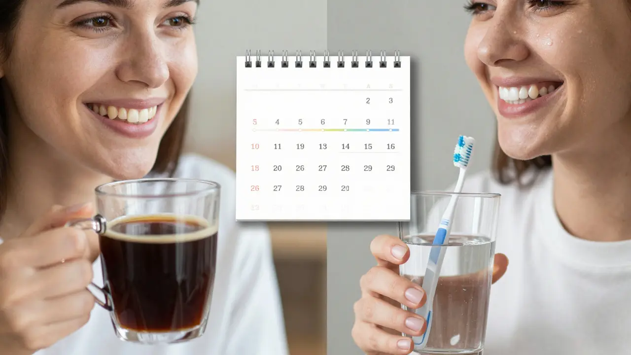 Porovnání před a po bělení zubů: stejná osoba s tmavšími a světlejšími zuby, symbolizující výsledek terapie Opalescence.