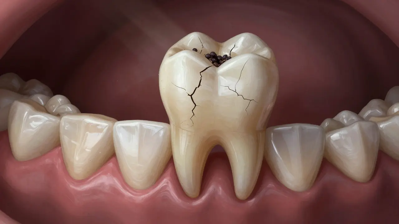 Poškozený zadní molár s kazu a bakteriemi, v kontrastu se zdravými zuby.