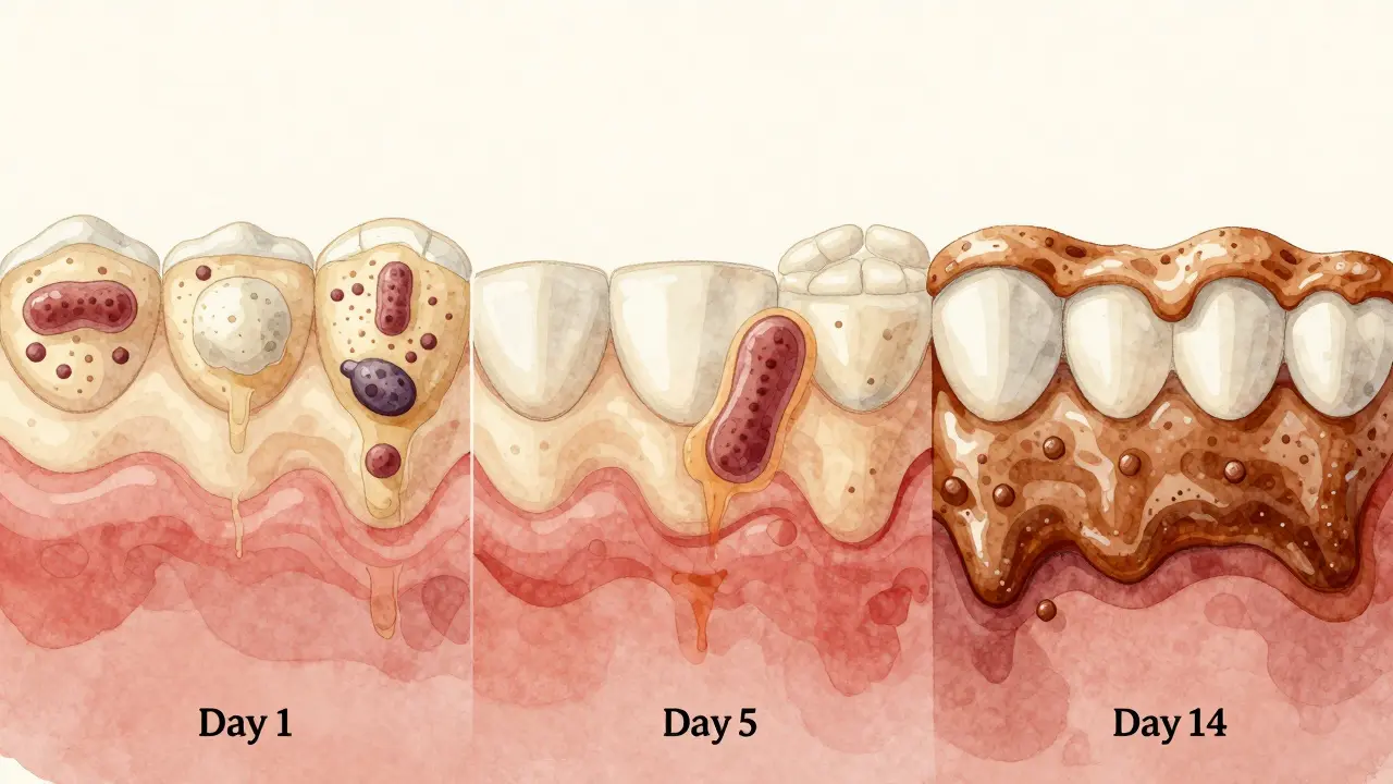 Postupné tvorby zubního kamene z plaku během 14 dní v třech panelích.
