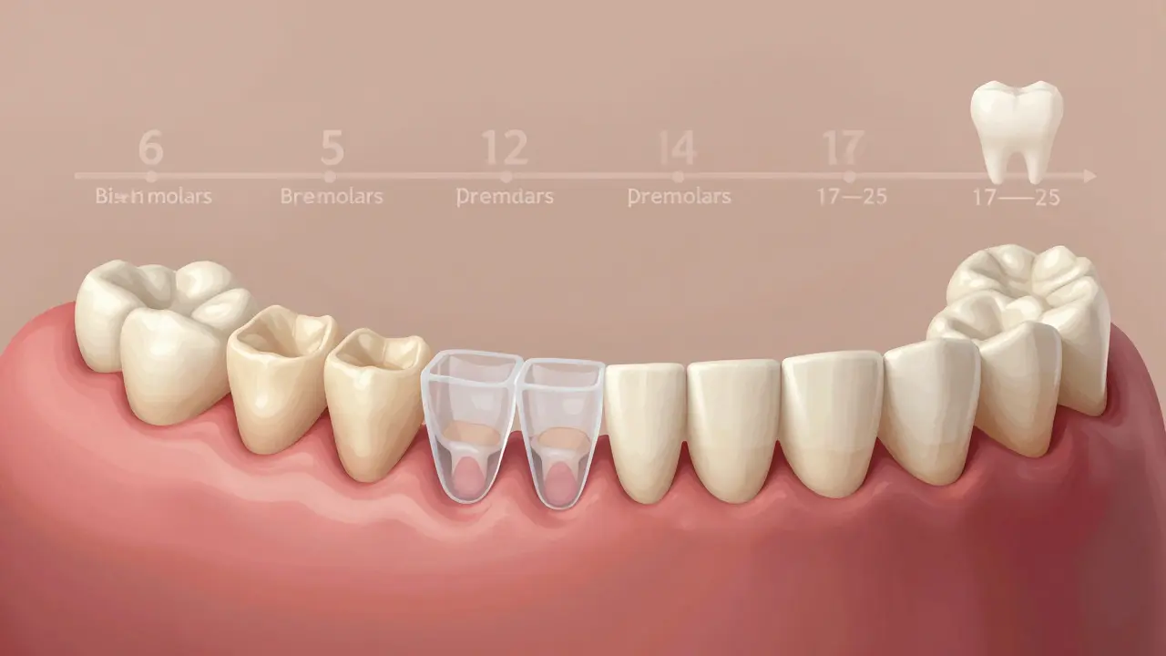 Přechod od mléčných zubů k trvalým v časové posloupnosti na čelisti.
