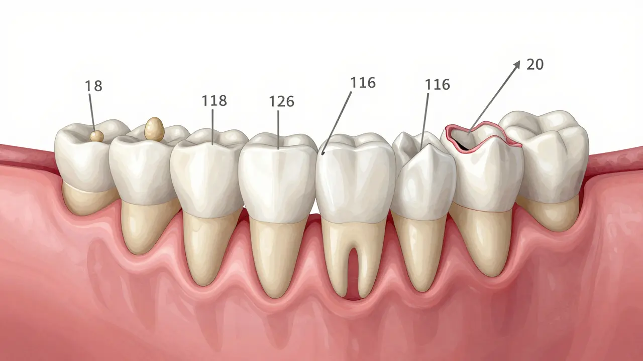 Příčný řez čelistí s vývojem třetích molárů od dětství po dospívání.