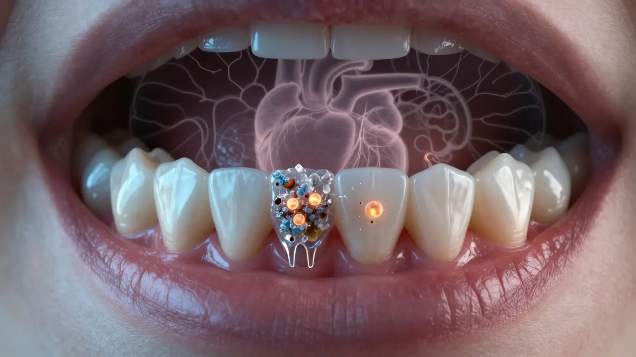 Průhledný pohled na bakterie rozmnožující se na zubním kamenu pod dásněmi.