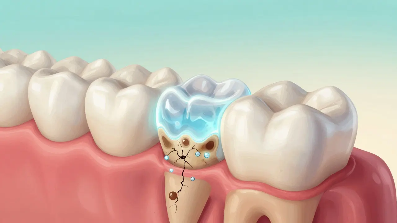 Průřez zubu s bělícím gelem pronikajícím do skloviny a obnovujícím strukturu.