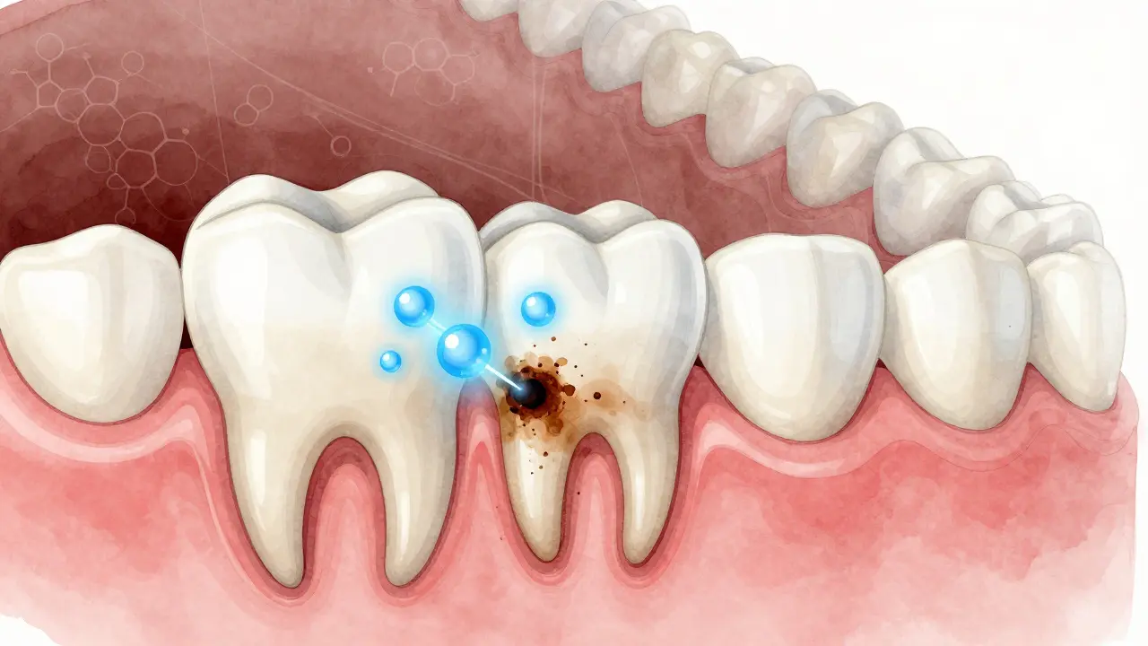 Průřez zubu ukazující, jak molekuly peroxidu pronikají do skloviny a rozkládají pigmenty způsobující tmavé skvrny.