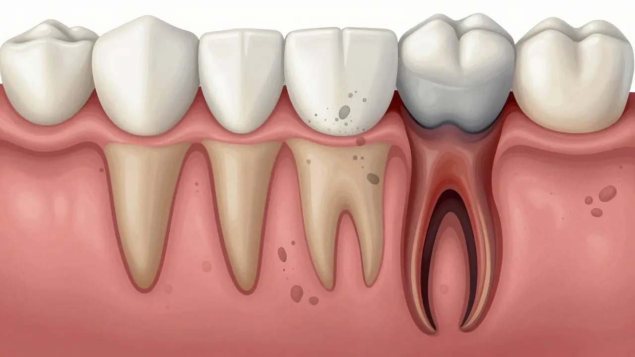 Průřez zubu ukazující postupující kazu od sklovinky po dřeň.