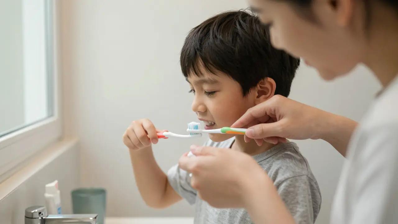Rodič a dítě společně čistí zuby v koupelně s jemným světlem.