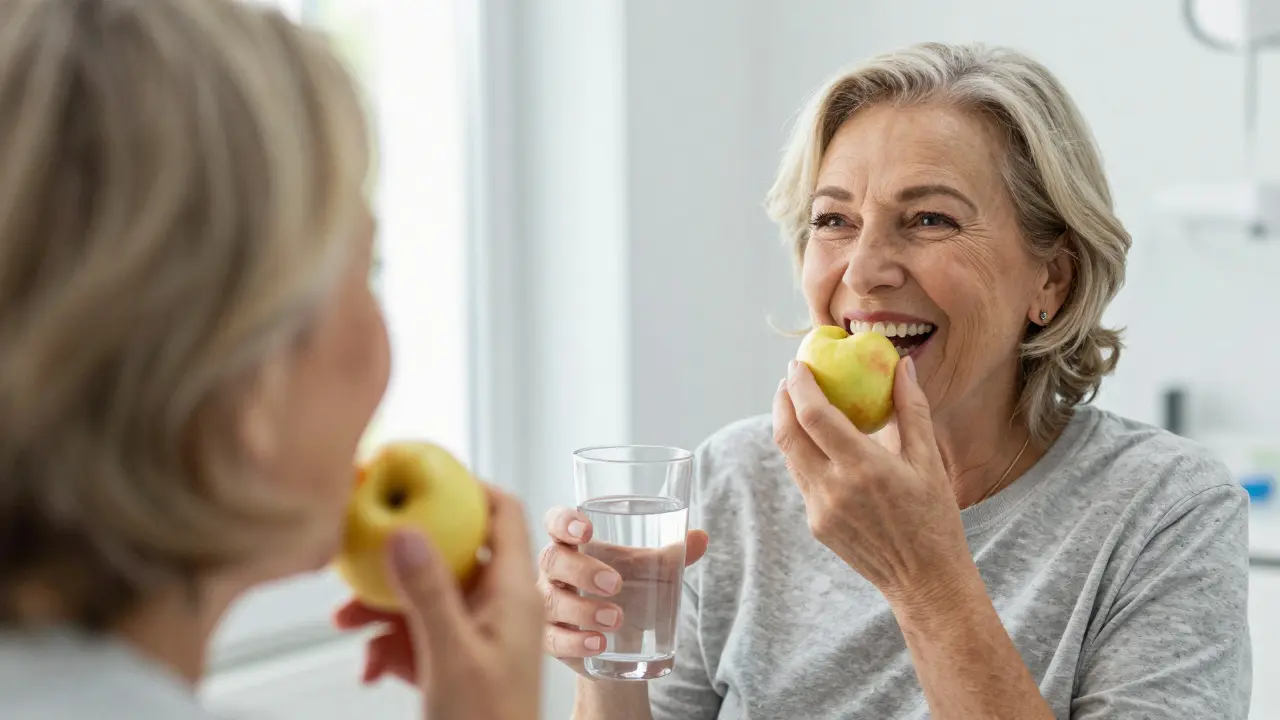 Senior patient smiling while eating an apple after dental reconstruction.
