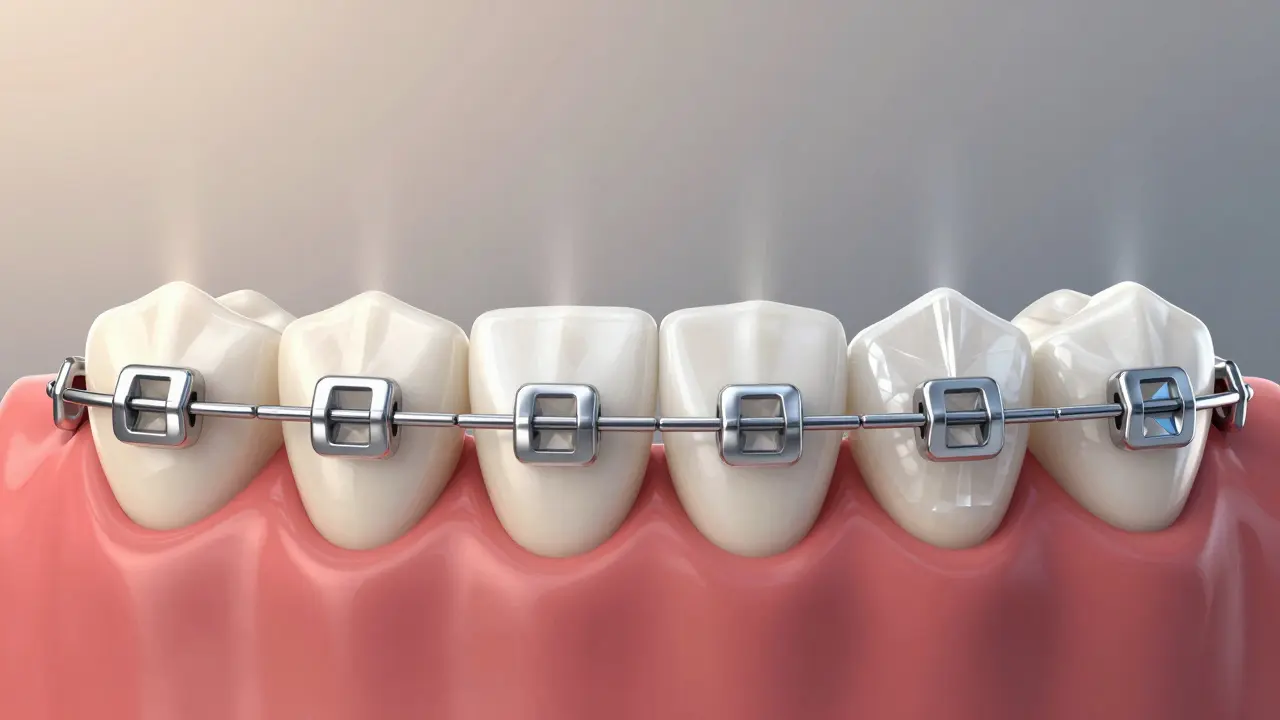 Tři typy fixních rovnátek – kovová, keramická a sapphirnová – na modelech zubů, vizuálně srovnávající vzhled a kvalitu.