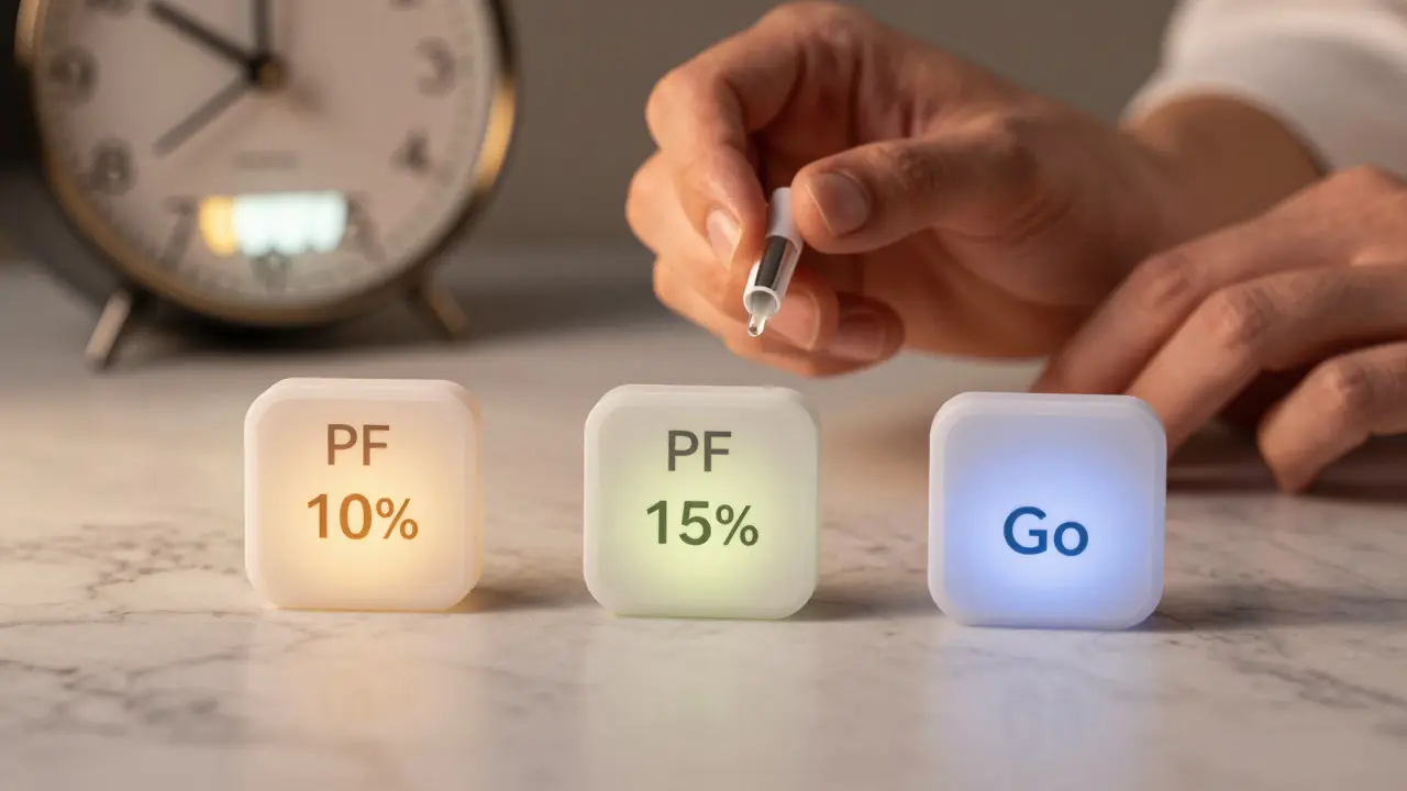 Tři typy produktů Opalescence na povrchu s postupným osvětlením zubů.