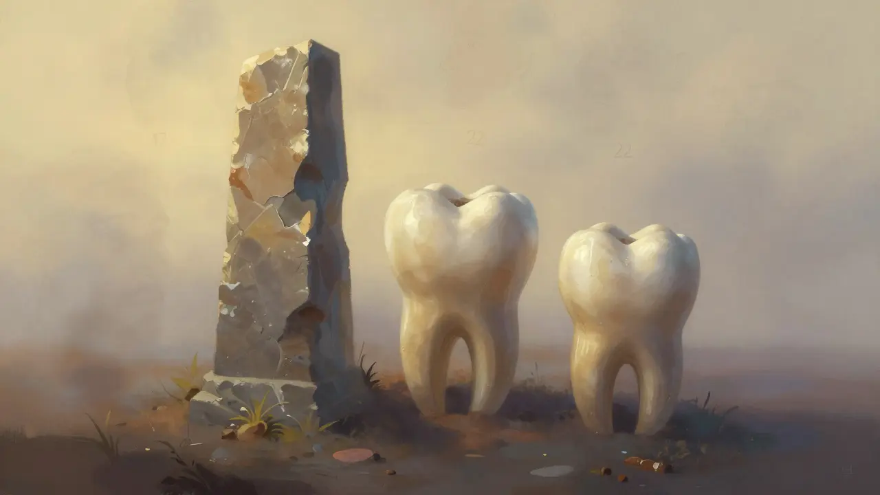 Tři zuby moudrosti jako kamenité sloupy: jeden vyrůstá, jeden zakopaný, jeden skrytý pod zemí.