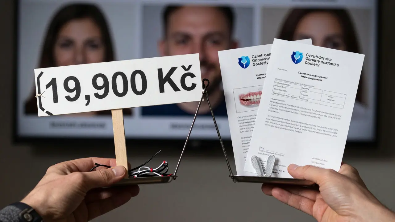 Váha s levnou nabídkou rovnátek na jedné straně a profesionální léčebný plán na druhé, symbolizující hodnotu versus cenu.